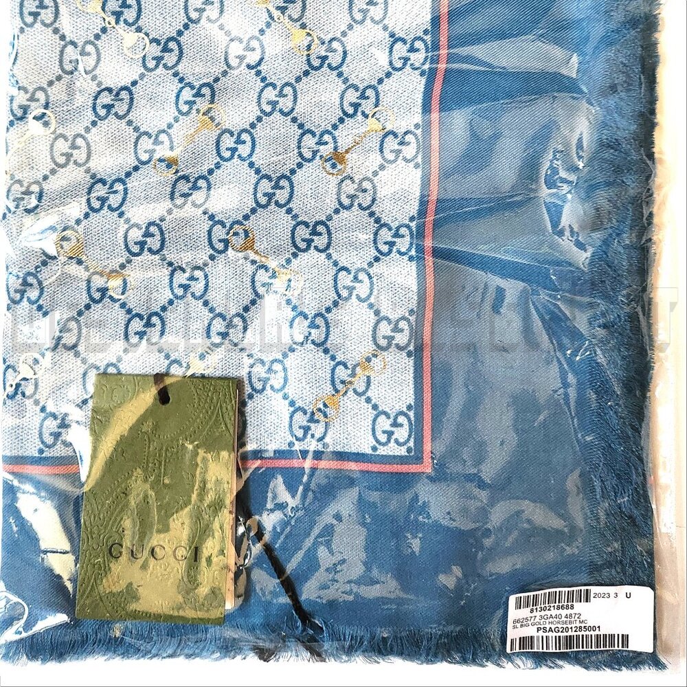 GUCCI blue GG with gold Horsebits print giant 53" - square modal/silk scarf NWT - Picture 9 of 9